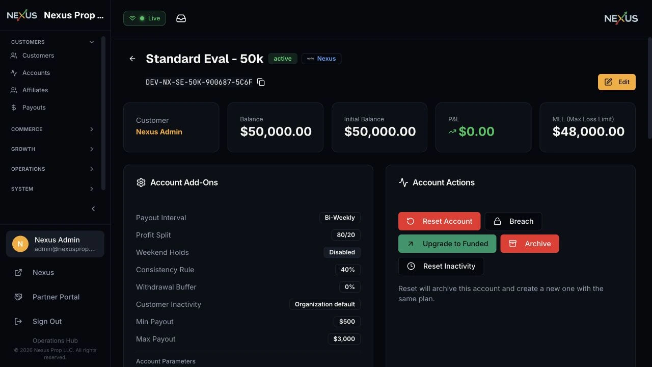 Nexus operations CRM showing the customer lifecycle and payout review workspace