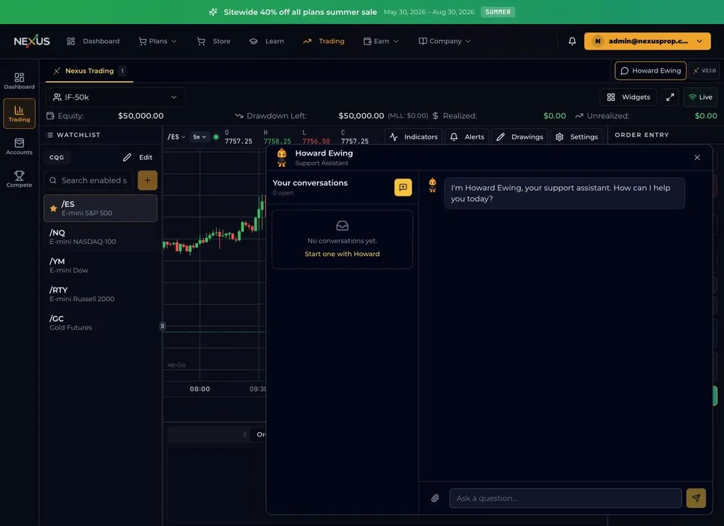Nexus native support chat attached to a trader account