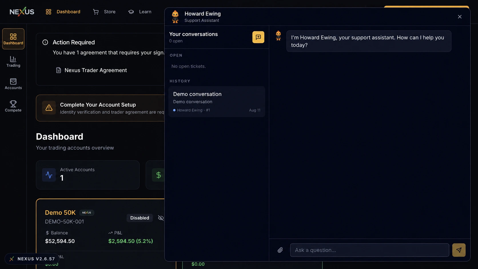 Nexus native support chat attached to a trader account record