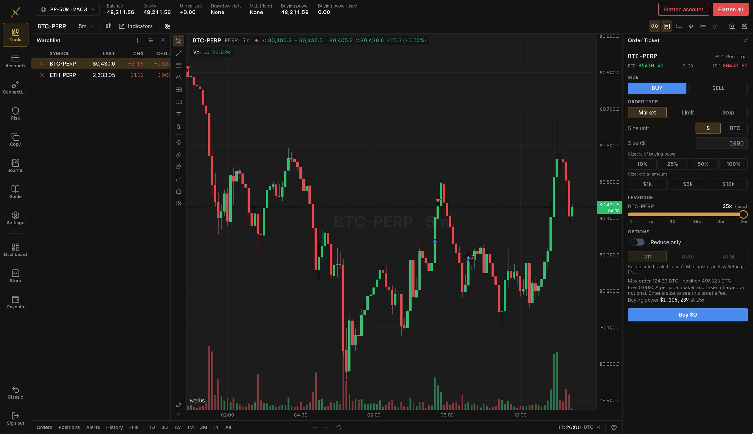 Nexus Trader on a perpetual futures account with a BTC-PERP chart, a perps watchlist, a leverage slider and the order ticket