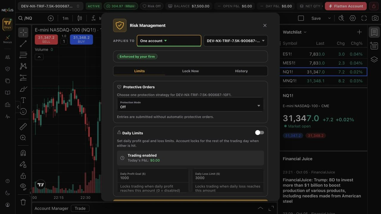 Onyx trader risk controls showing global protective orders for Nexus Connect accounts
